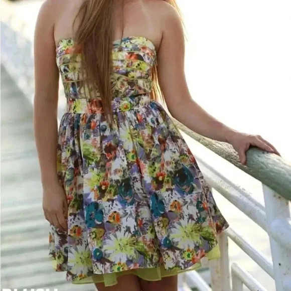 Minuet Petite Dresses & Skirts - Minuet Floral Sweetheart Fit and Flare Dress, Blue/Green/Purple, Size Medium